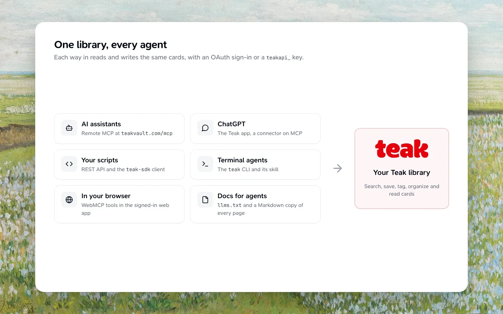 AI assistants, ChatGPT, scripts and the terminal reach the same Teak library through MCP, the REST API, the SDK and the CLI