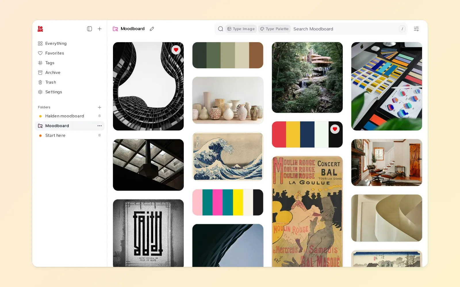 The Moodboard smart folder, collecting every image and color palette in the library