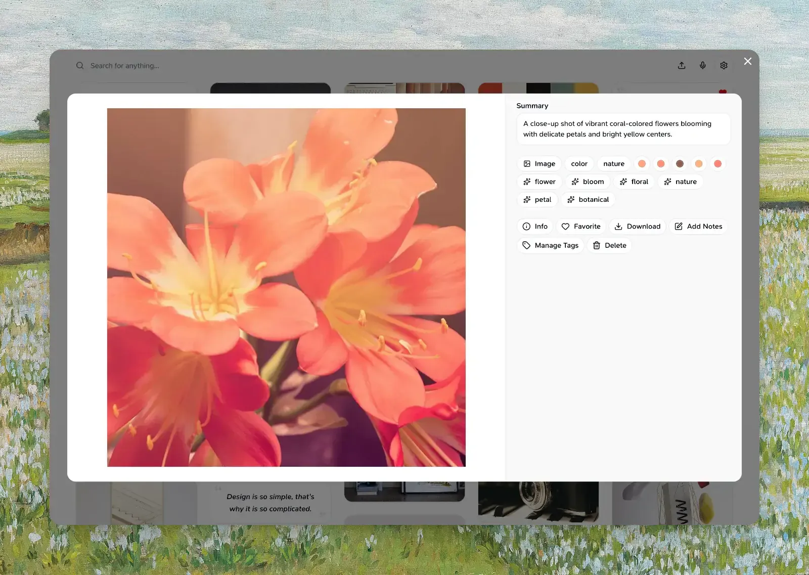 An image card with an AI summary, AI tags, and colors extracted from the photo
