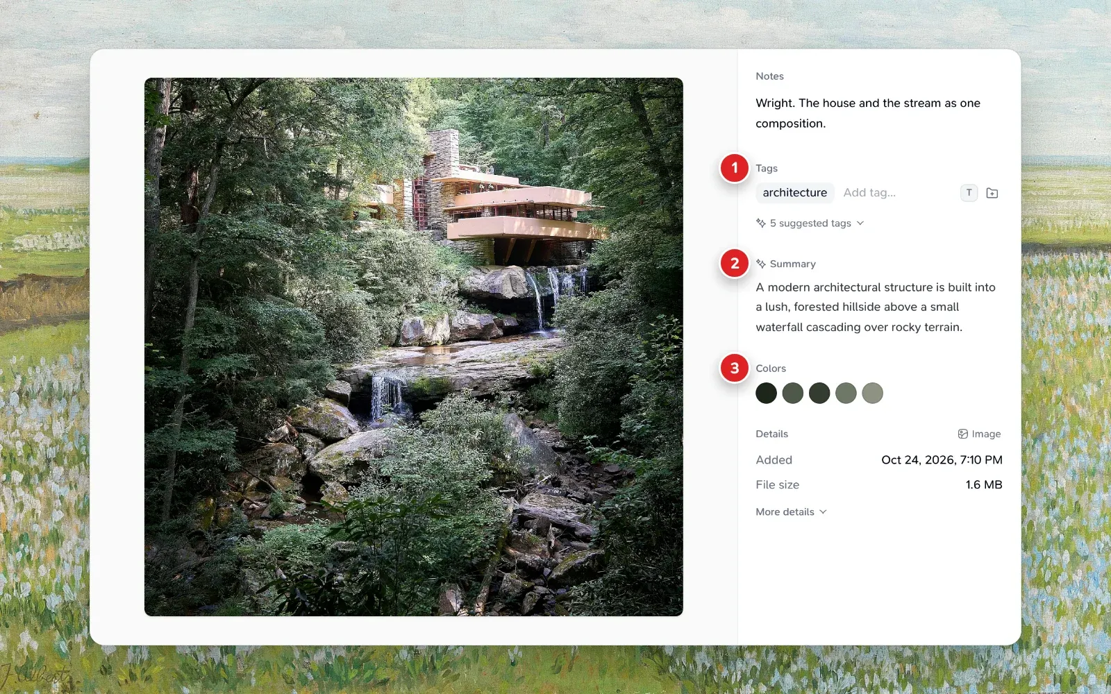 An open image card with its AI summary, tags, extracted colors and details