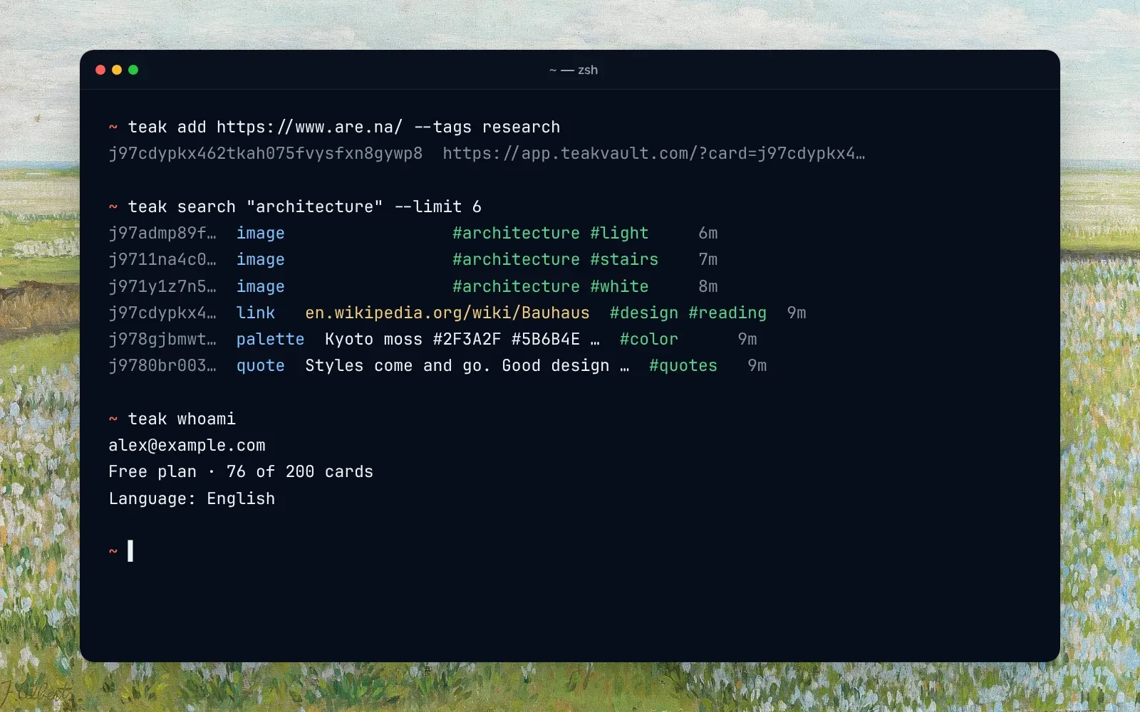 A terminal running teak add and teak search, listing matching cards with their types and tags