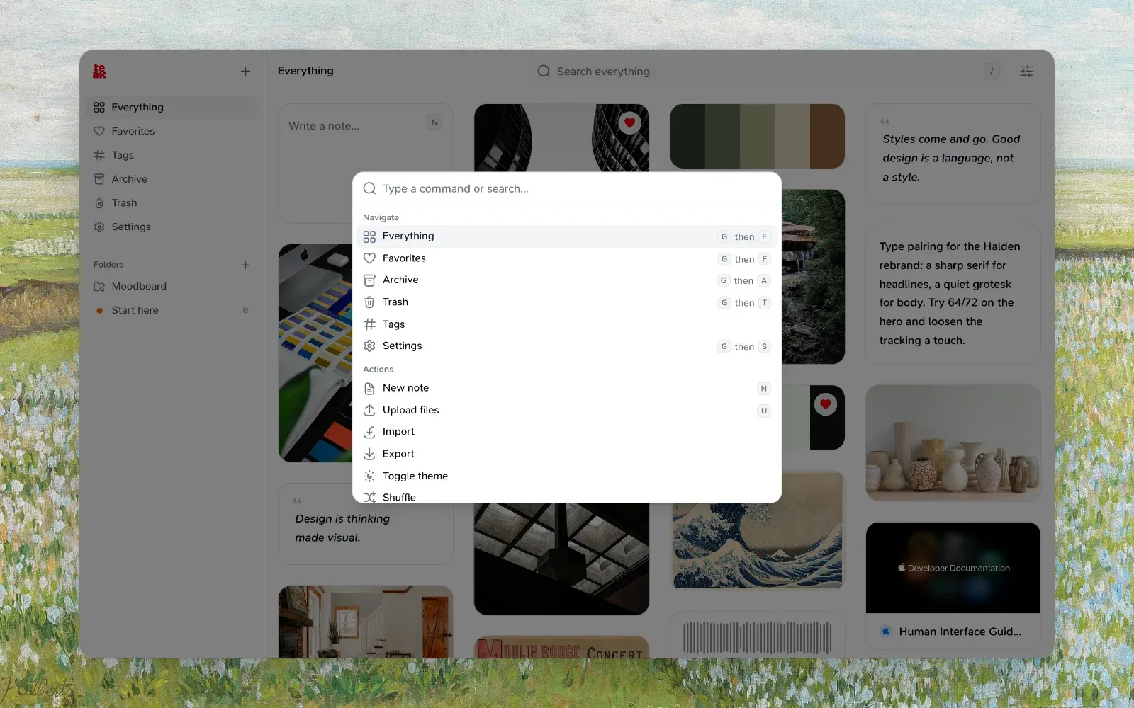 The command palette, with Navigate, Actions and their keyboard shortcuts
