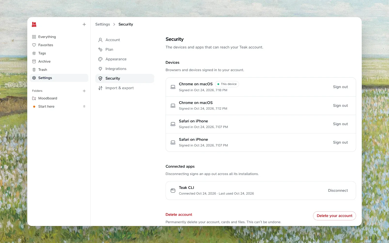 Settings → Security showing signed-in devices and connected apps