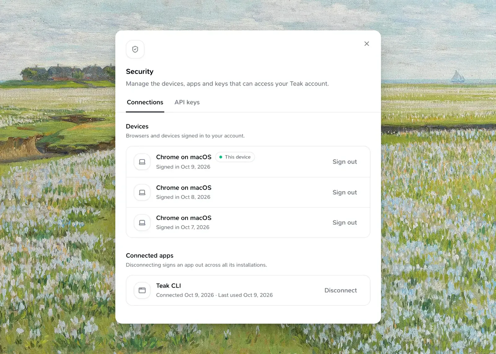Settings → Security showing signed-in devices and the connected Teak CLI