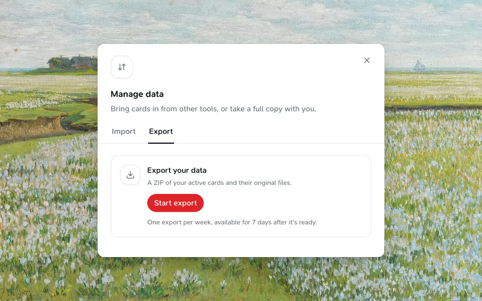 The Export tab of the Manage data dialog with the Start export button