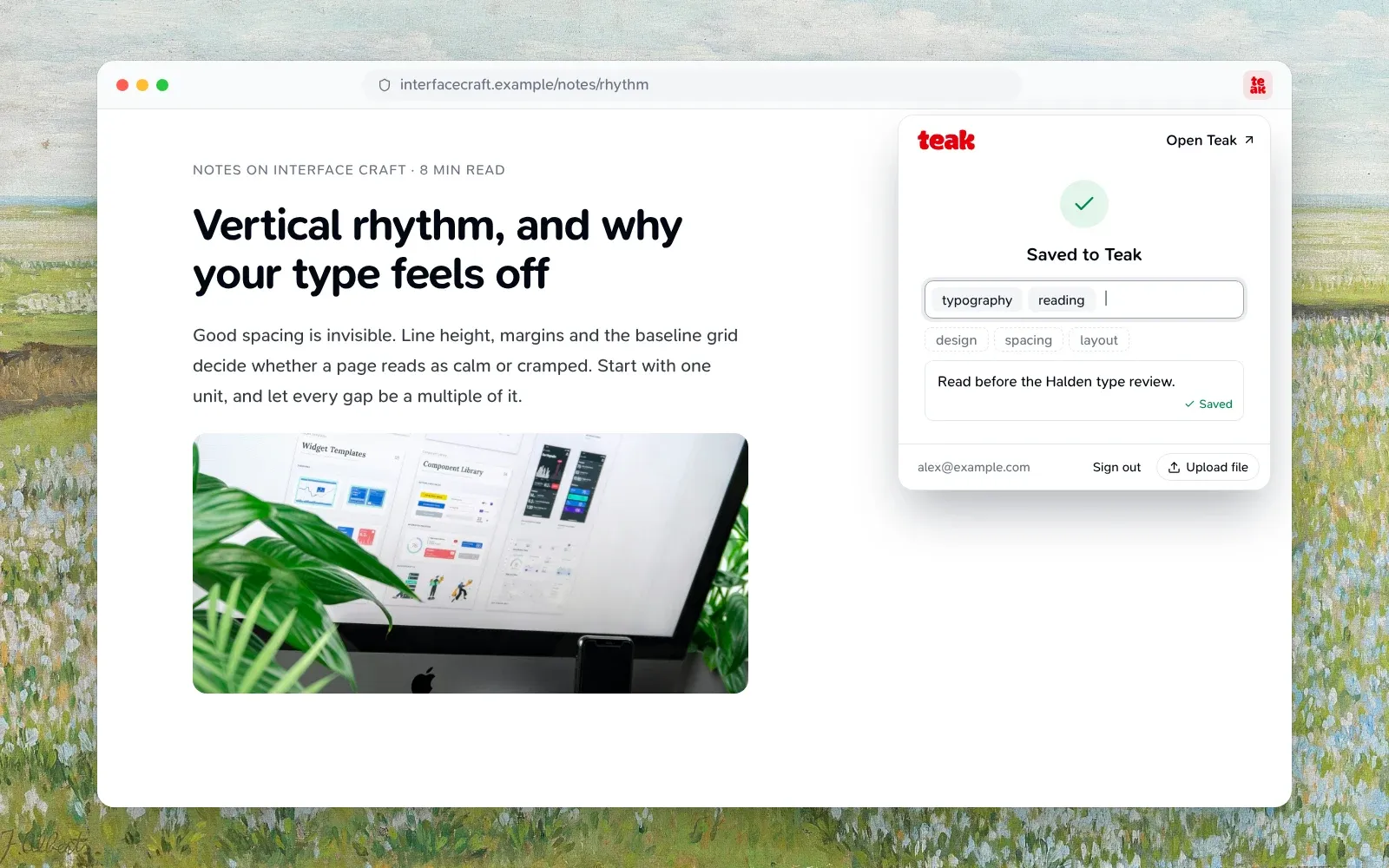 The Teak browser extension’s popup over a web page, saying Saved to Teak, with tags and a note