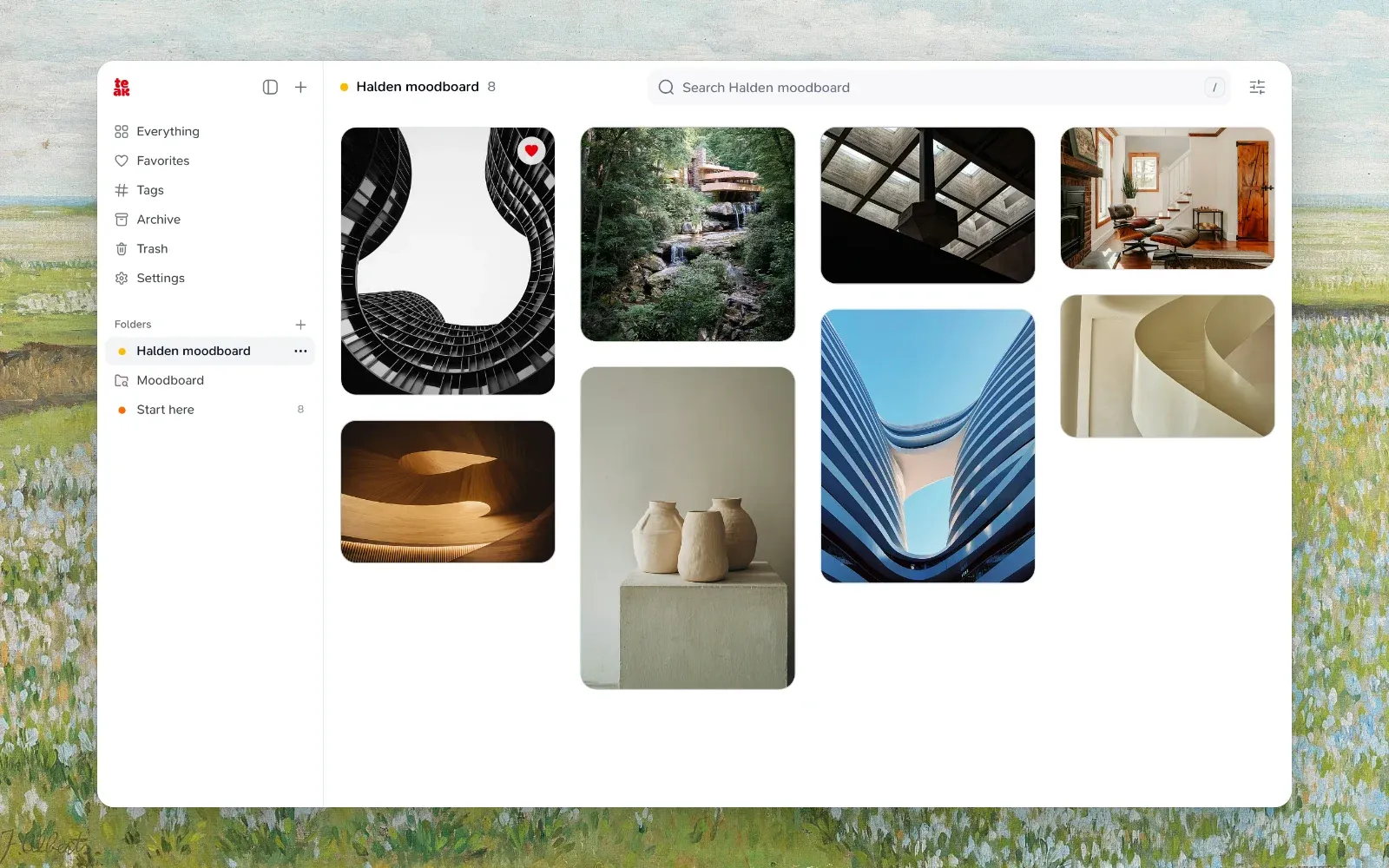 A folder of architecture and interior references, with its color and card count in the header