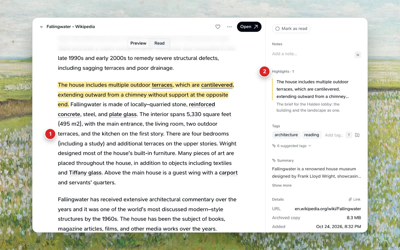 A highlighted passage in Read, with the card’s details listing its highlights