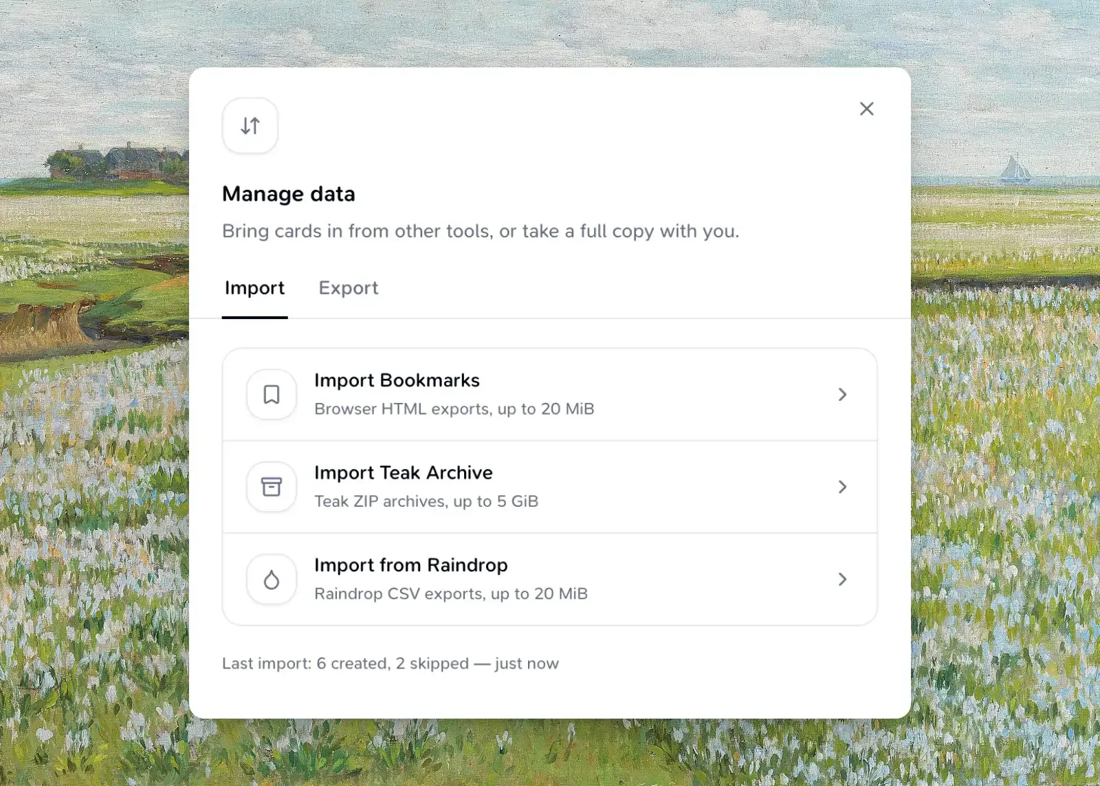 The Manage data dialog with bookmarks, Teak archive, and Raindrop import options