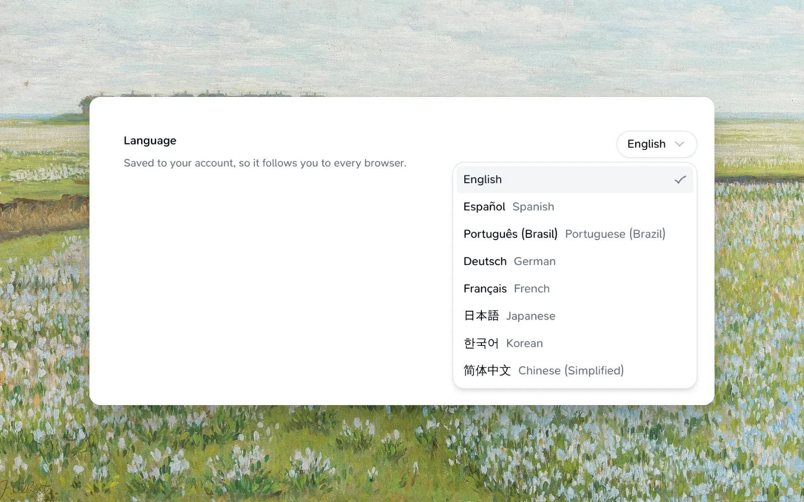 Settings → Appearance with the language menu open, listing Teak’s eight languages