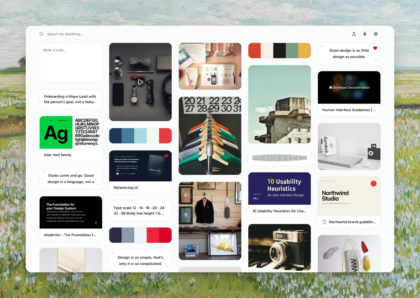 A Teak library with design links, photos, color palettes, quotes, notes, a voice memo, a video, and a PDF
