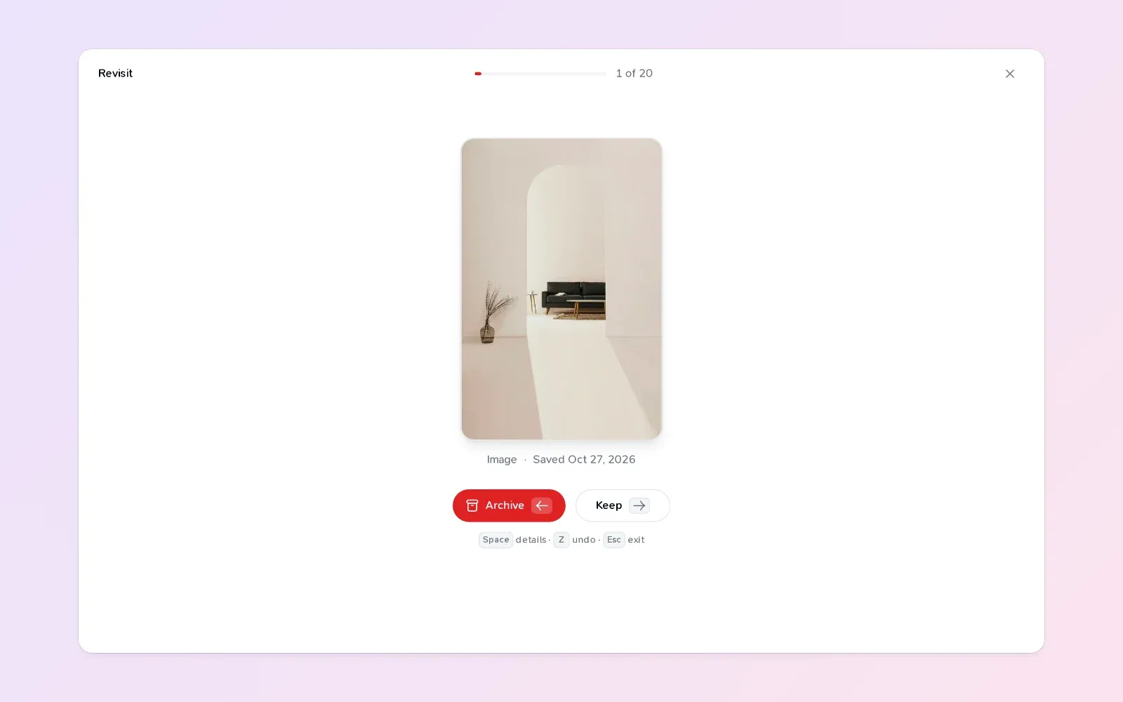 Revisit showing one saved photo at a time, with Archive and Keep below it