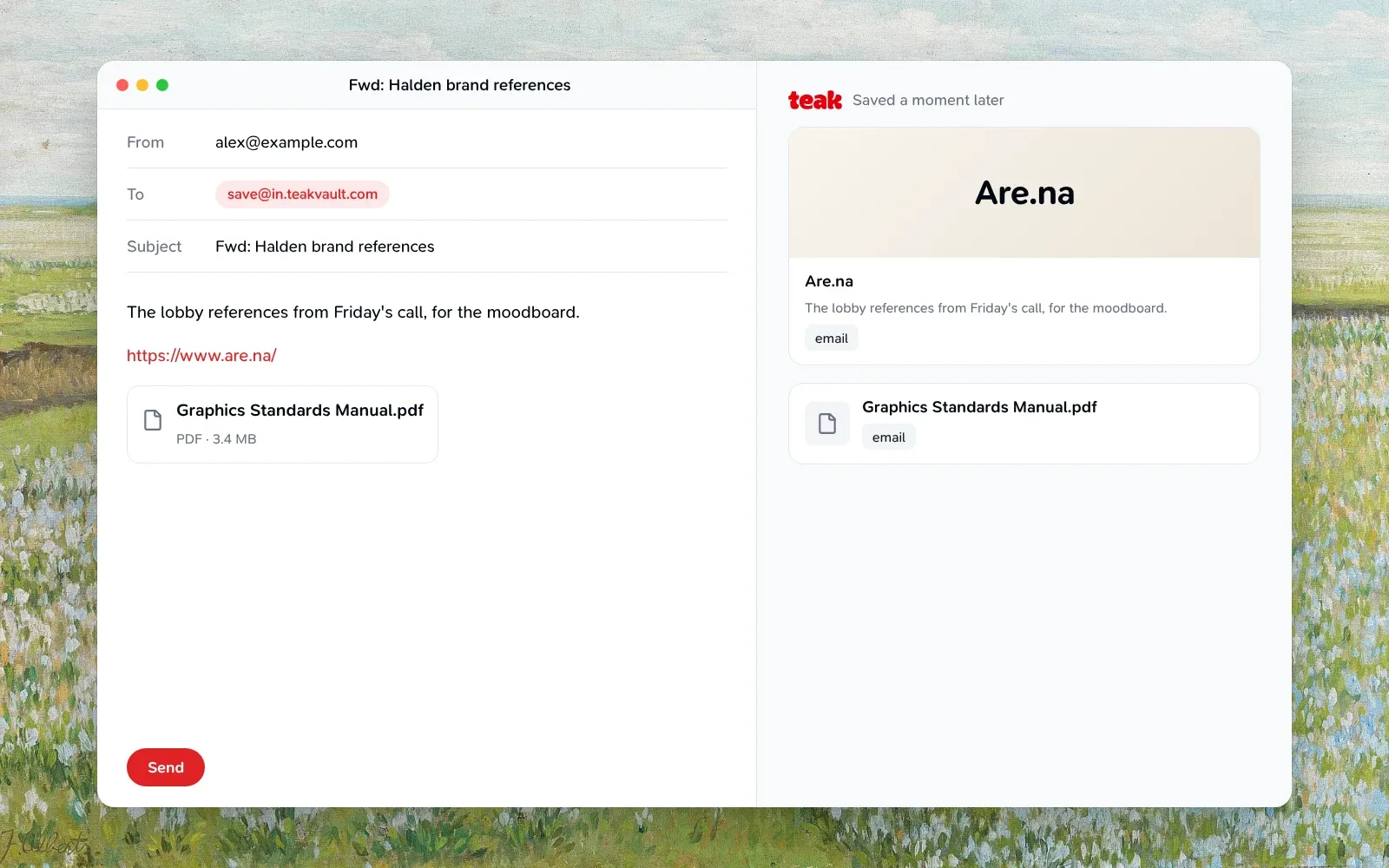 An email forwarded to save@in.teakvault.com, and the link card and attachment it became in Teak