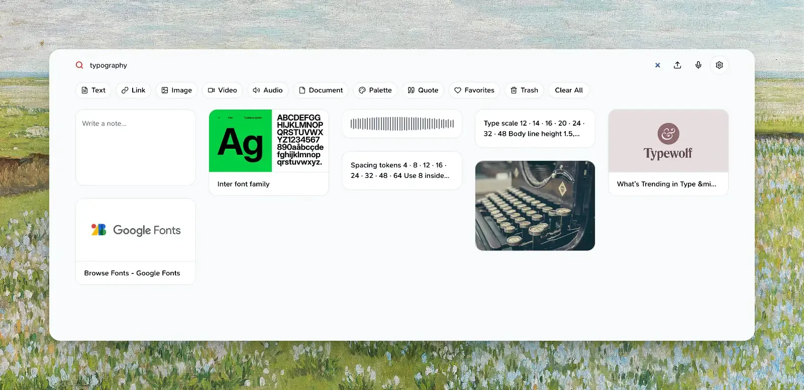 Searching “typography” finds a font site, type notes, and a typewriter photo tagged by AI