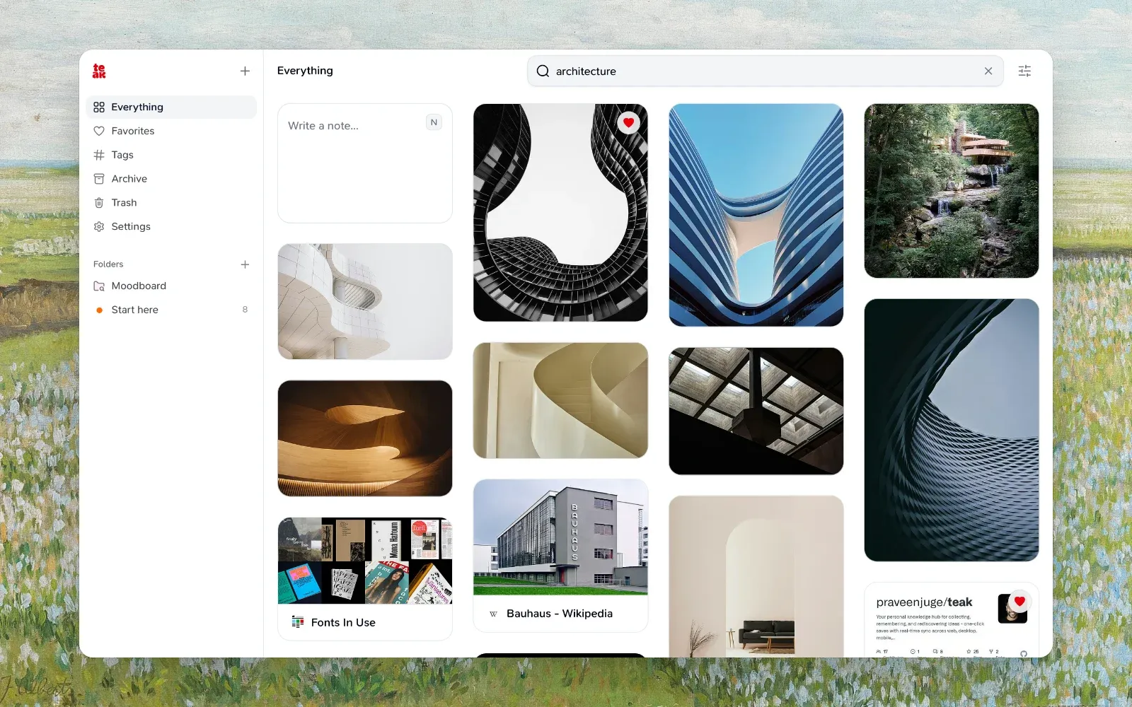 Searching “architecture” finds buildings, stairs and interiors by their AI tags, and saved links by their words