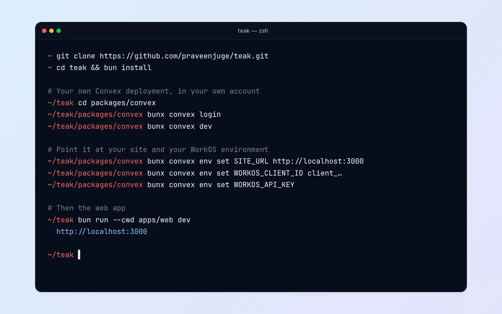 A terminal cloning Teak, starting a Convex deployment, setting its environment and running the web app