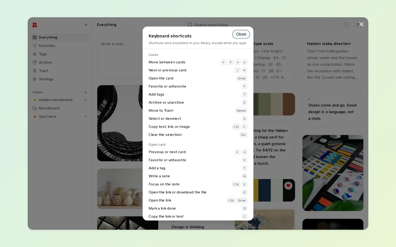 The keyboard shortcuts sheet, listing shortcuts for the library, an open card and navigation