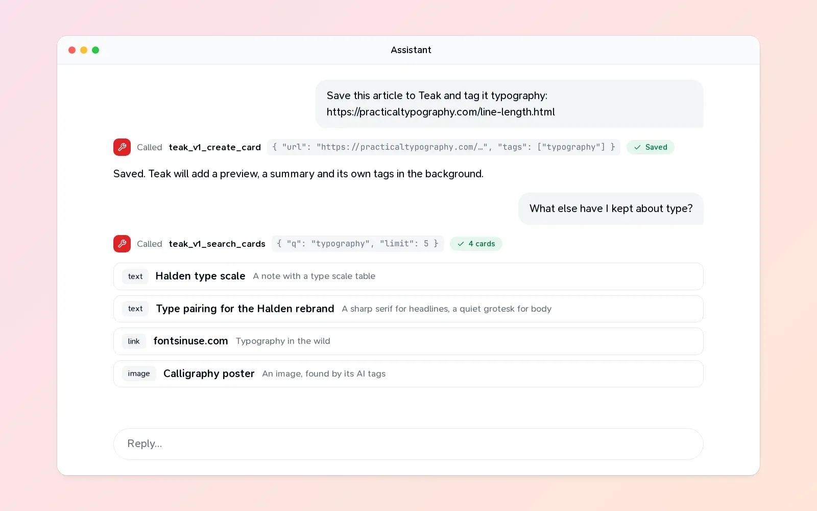 An AI assistant saving an article to Teak with one MCP tool, then searching the library with another