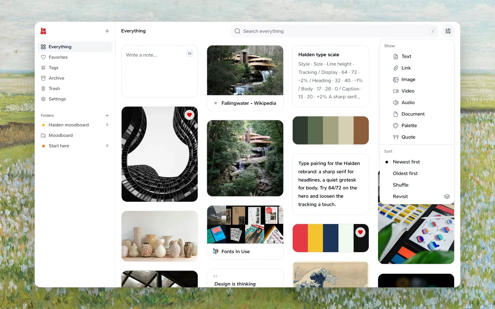 The View menu open beside the search box, with card types, sort order, Shuffle, Revisit and Save as smart folder
