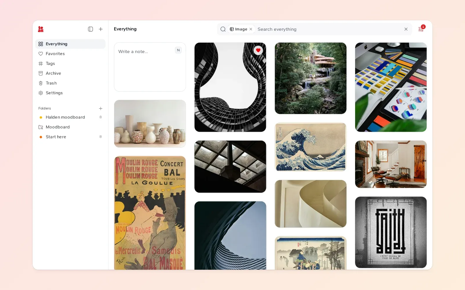 A Teak library showing only images: buildings, vases, posters, prints and interiors in one grid