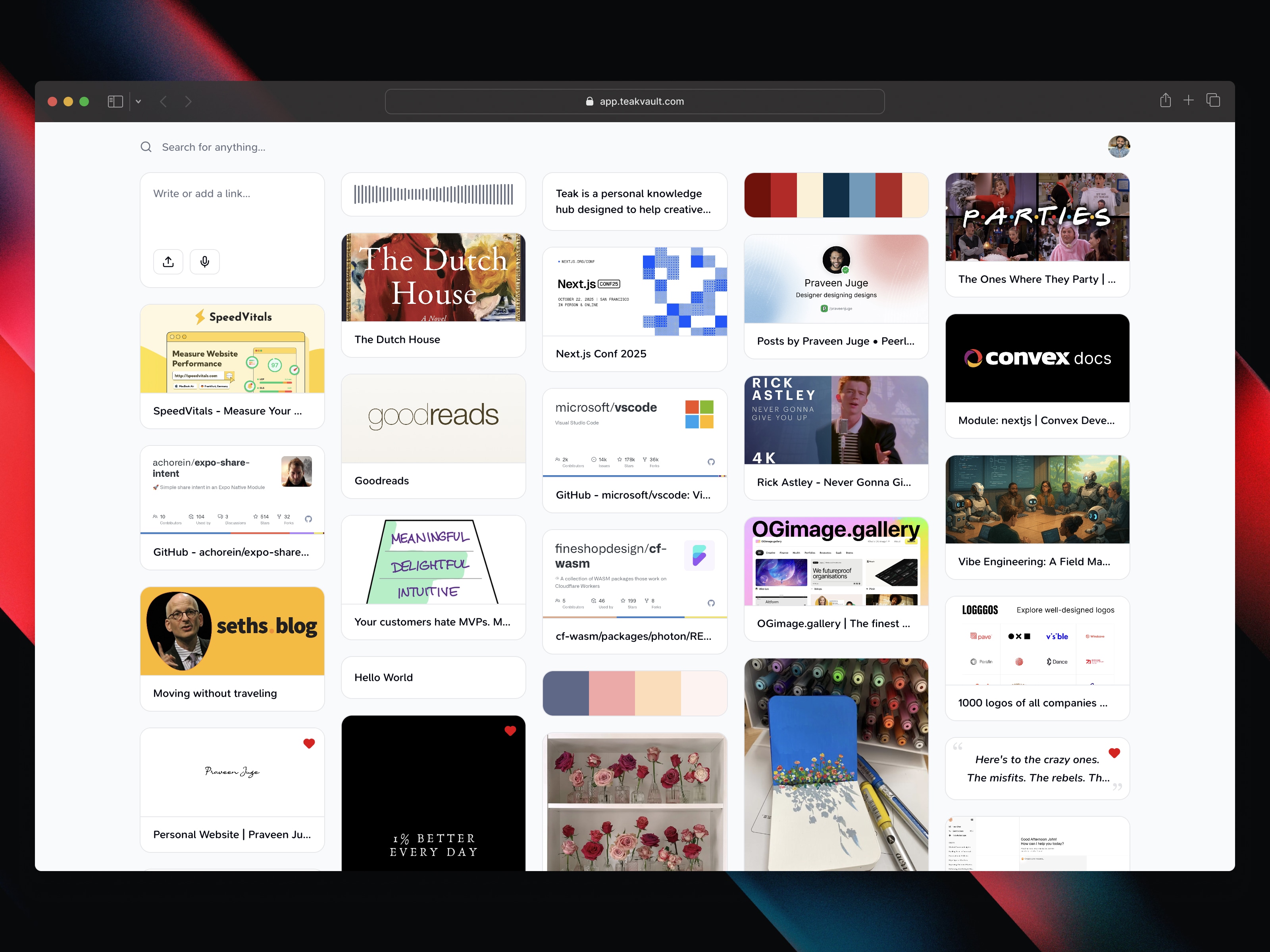 Teak app interface showing various saved content types