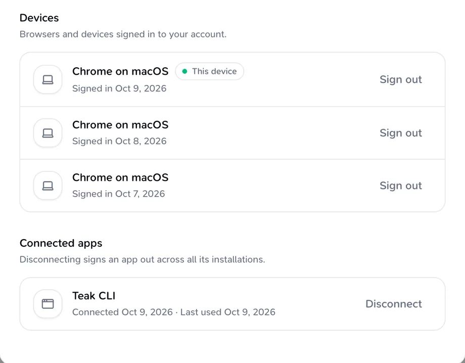Teak security settings showing signed-in devices and the connected Teak CLI