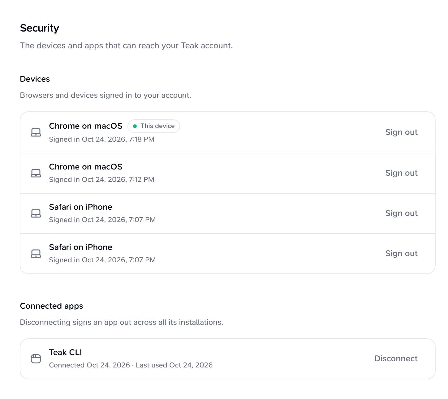 Teak security settings showing signed-in devices and the connected Teak CLI