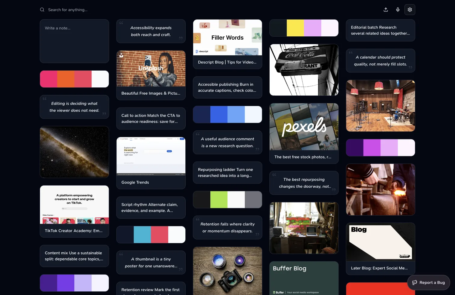 Teak content creator library on a MacBook with quotes, palettes, links, and visual previews