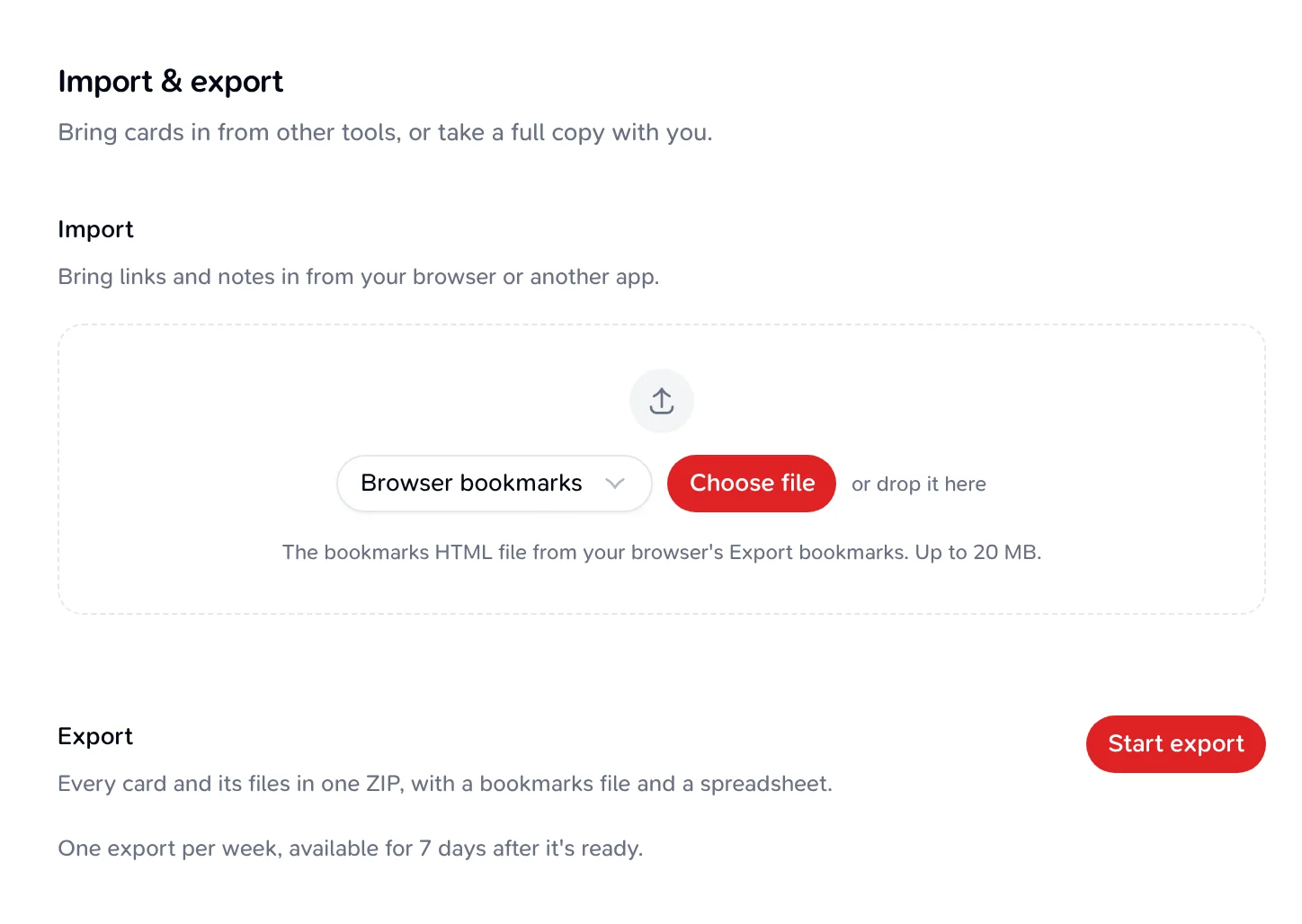 Teak's Import & export settings with the import source picker and Start export