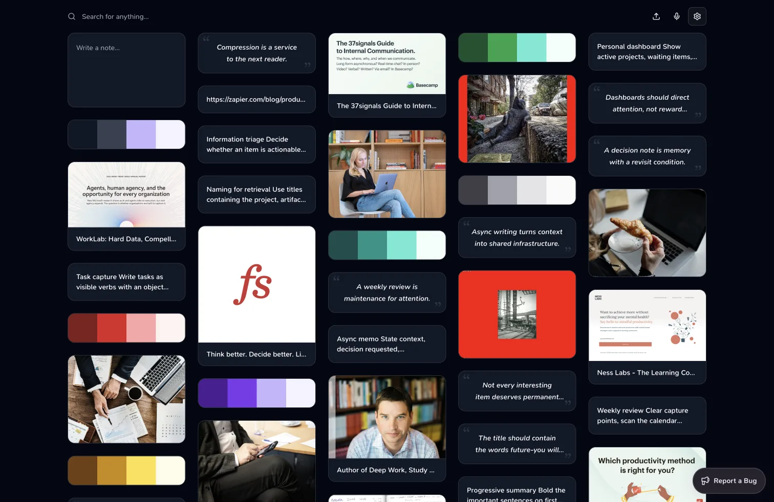 Teak knowledge library on a MacBook with saved documents, images, palettes, and notes