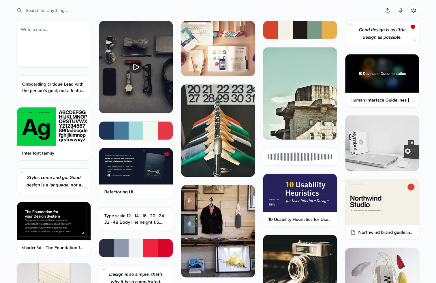 Teak library with design links, photos, palettes, quotes, notes, a voice memo, a video, and a PDF