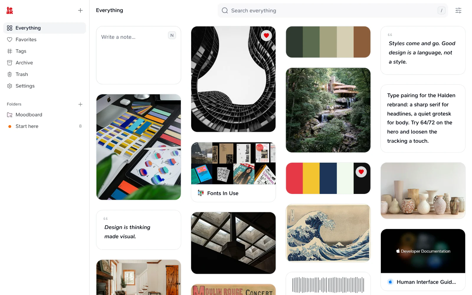Teak library with photos, palettes, quotes, notes, links and a voice memo, beside the sidebar