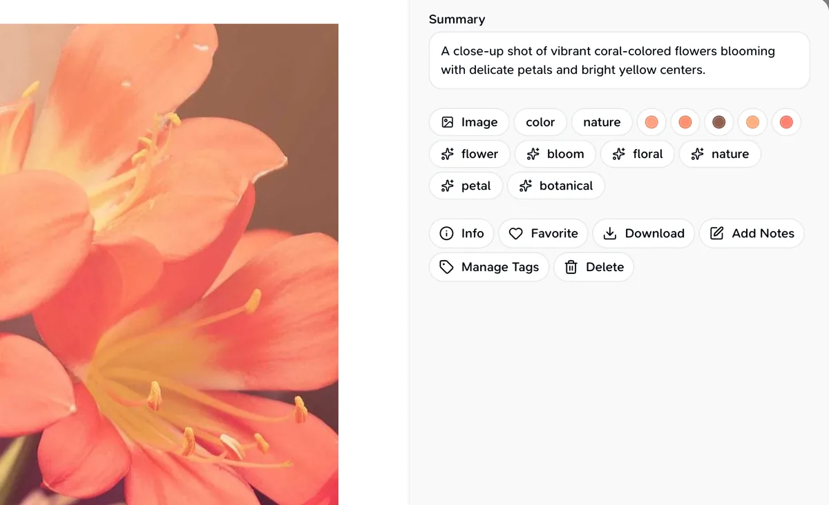 Teak image card with an AI summary, AI tags, and extracted colors
