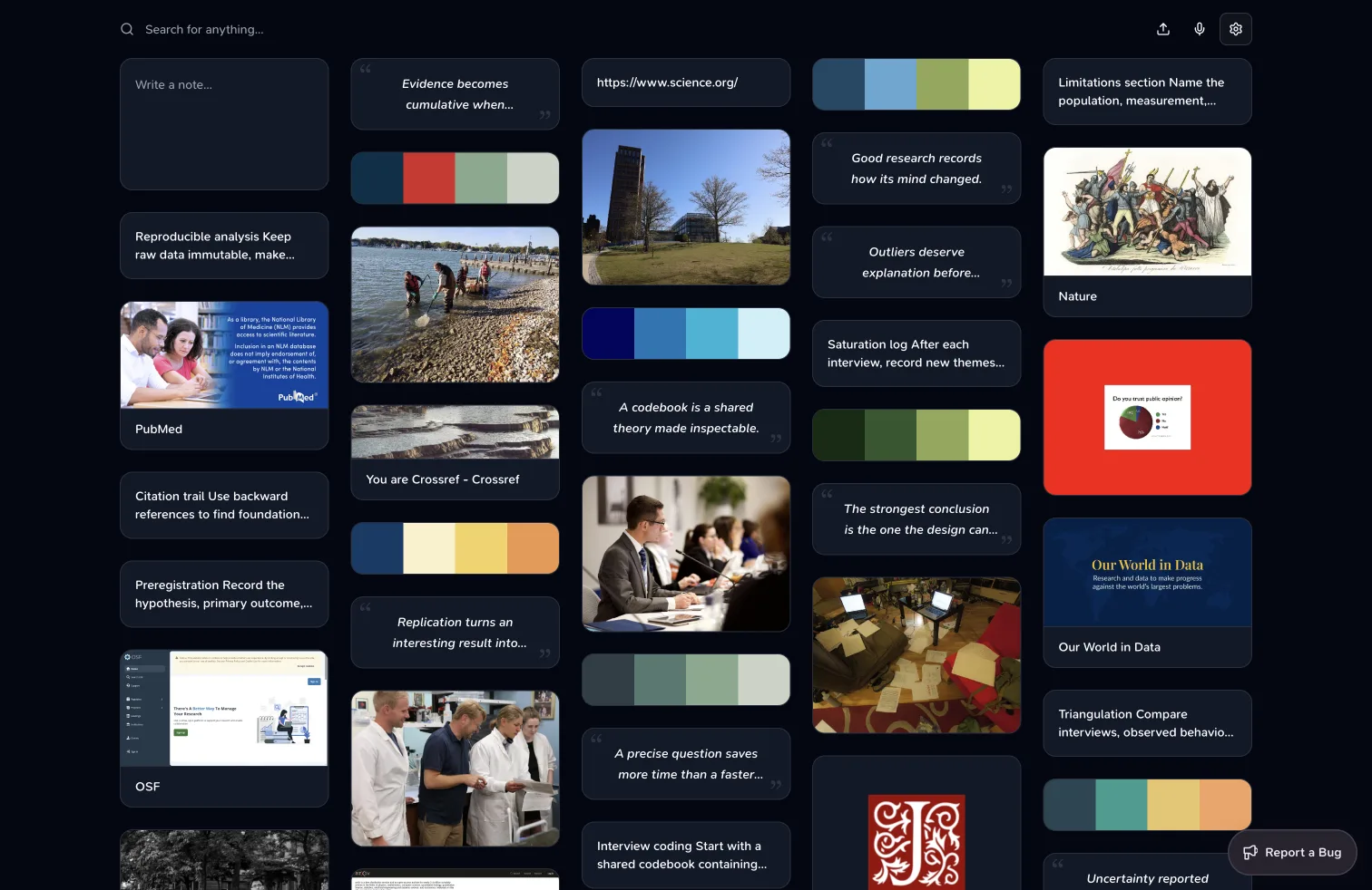 Teak research library on a MacBook with search and organized reference cards